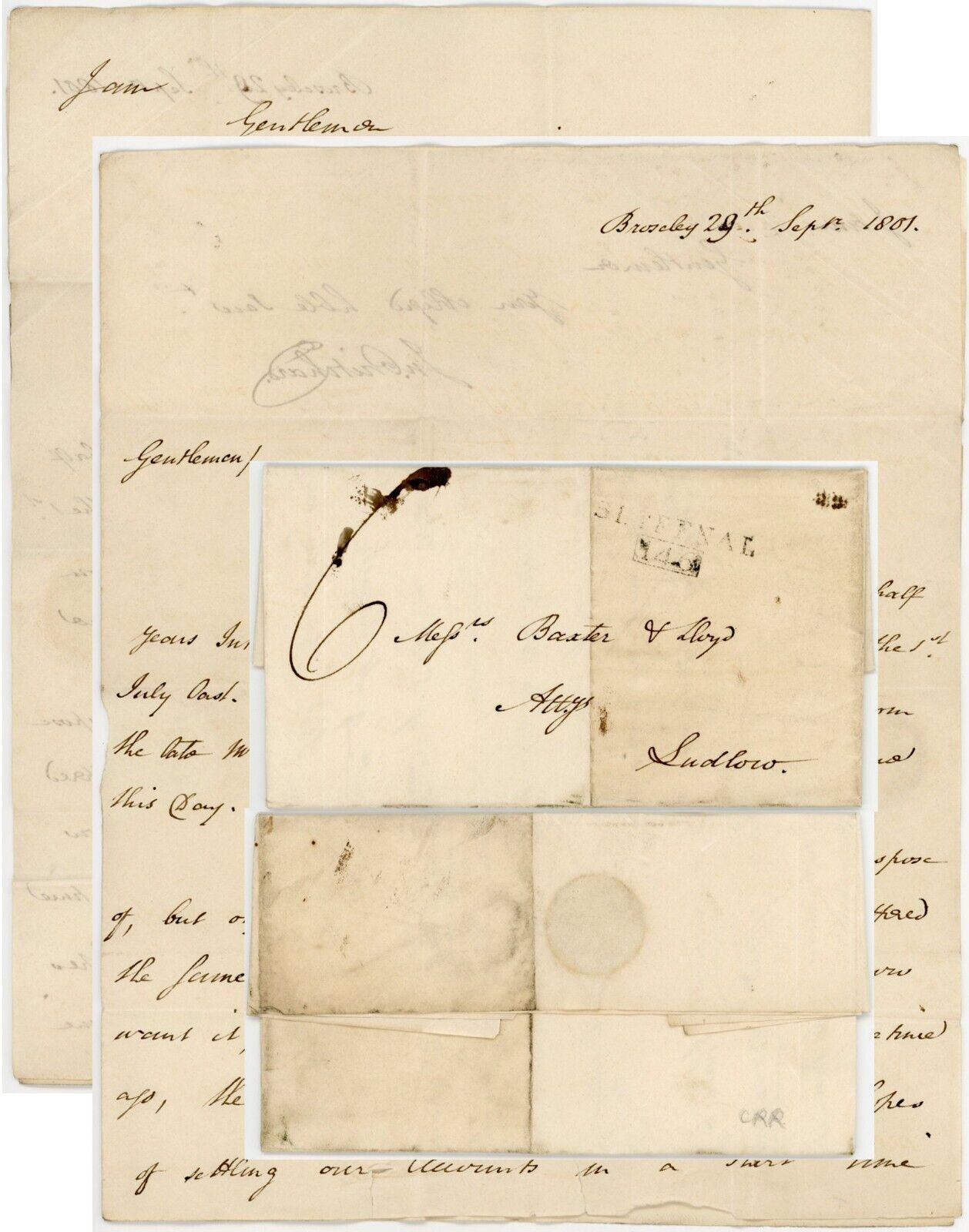 1801 LETTER PRITCHARD BROSELEY to BAXTER + LLOYD ...SHIFNAL BOXED MILEAGE + 6d