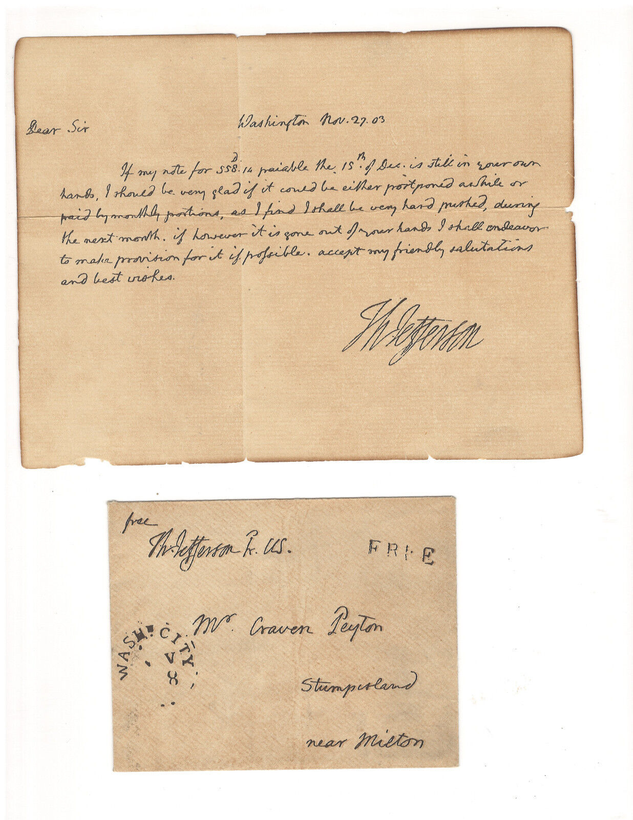 Thomas Jefferson Loan Letter to Craven Peyton - REPRINT (O49)