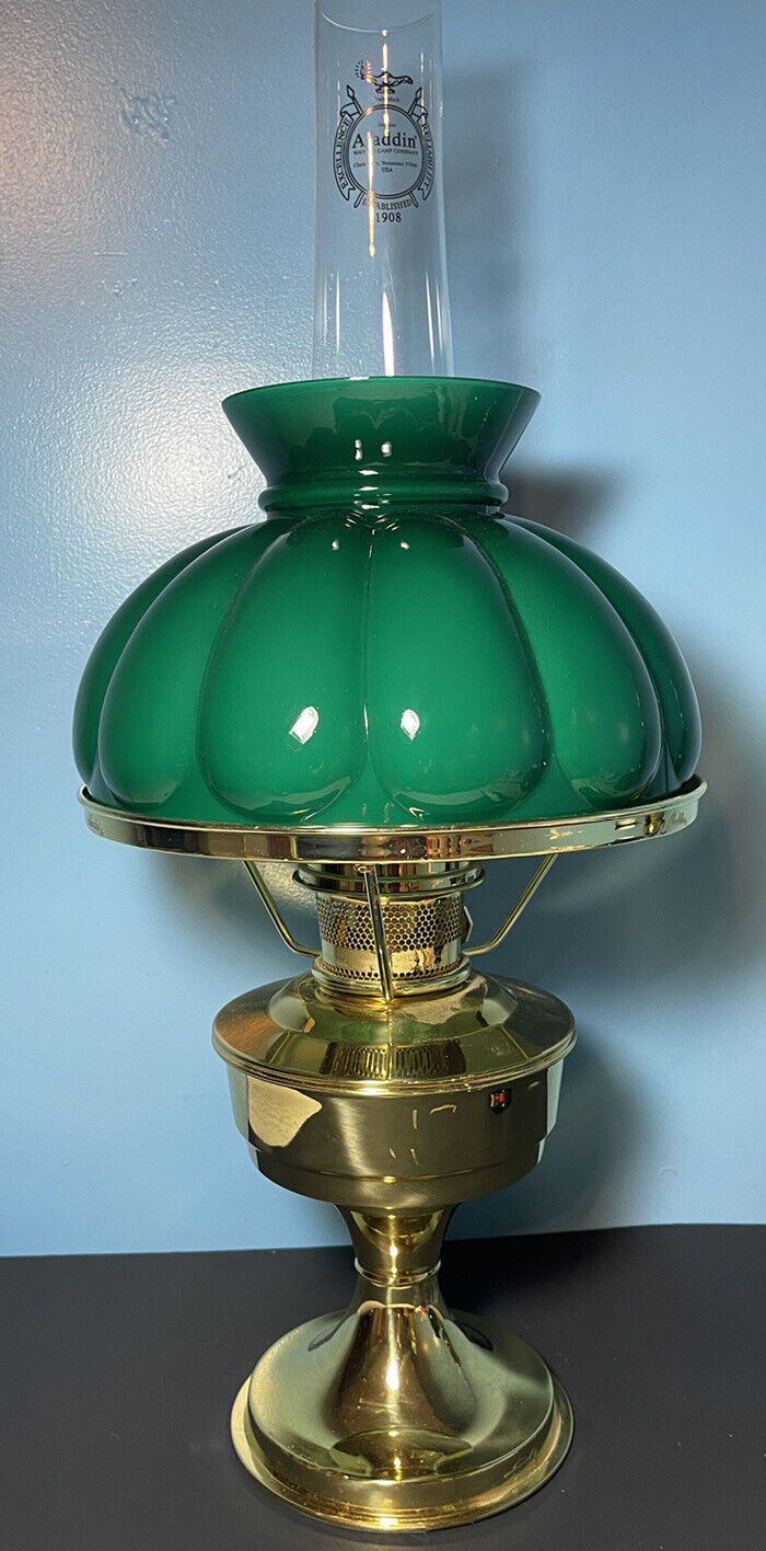 Vintage Aladdin Model 23 Brass Oil Lamp w/ Cased Emerald Green Melon Shade VGC
