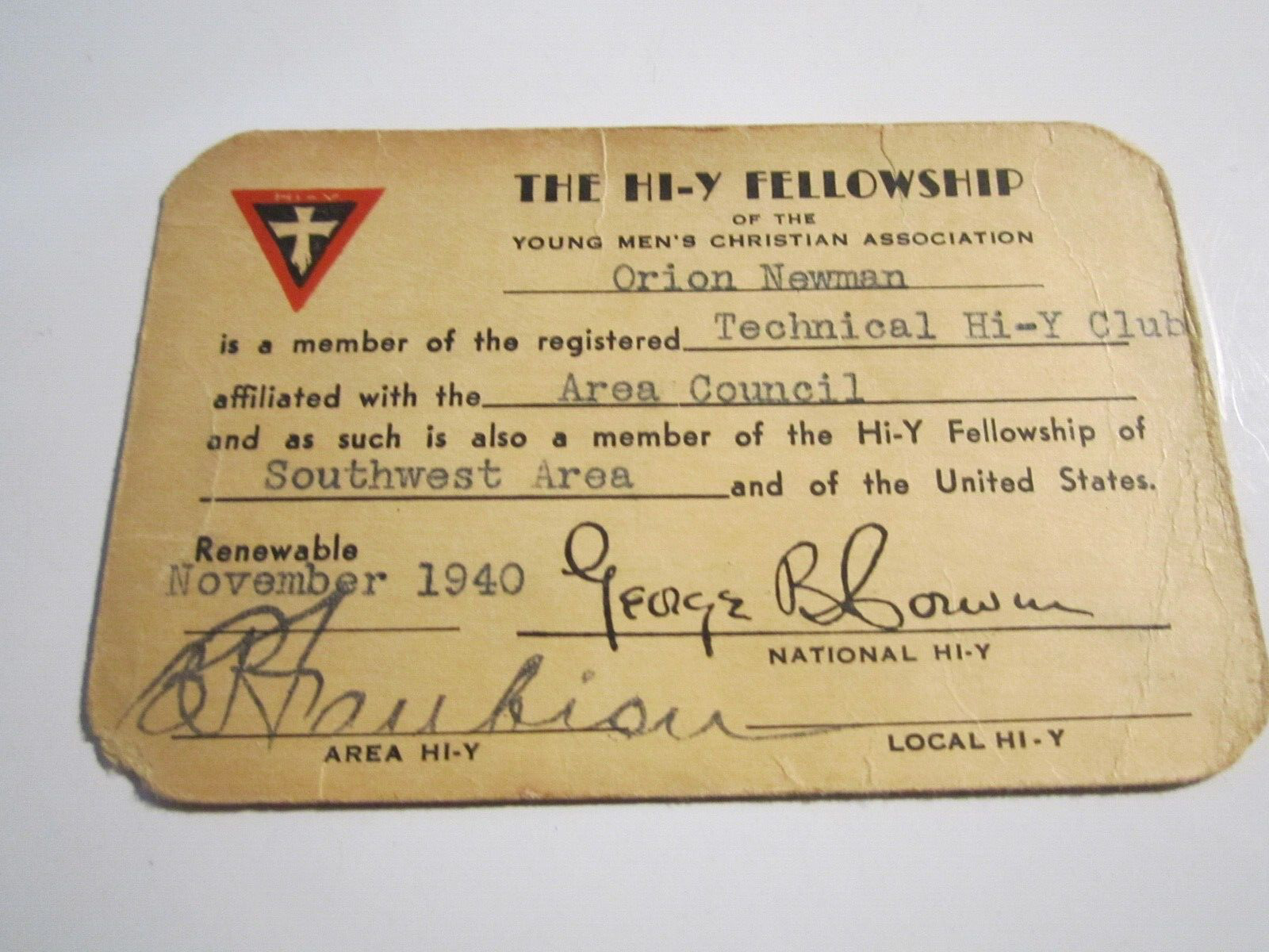 1940 THE HI-Y FELLOWSHIP AREA COUNCIL I.D. CARD  SIGNED  - BBA42