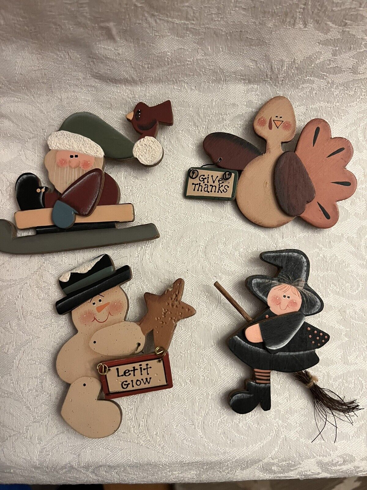 Vintage Holiday Wooden Pins Santa Snowman Witch Turkey
