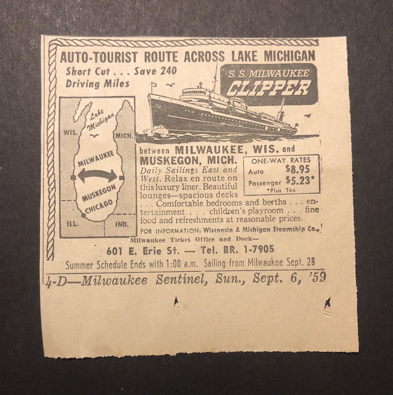 1950’s S.S. Milwaukee Clipper Cruise Ship Lake Michigan Newspaper Ad
