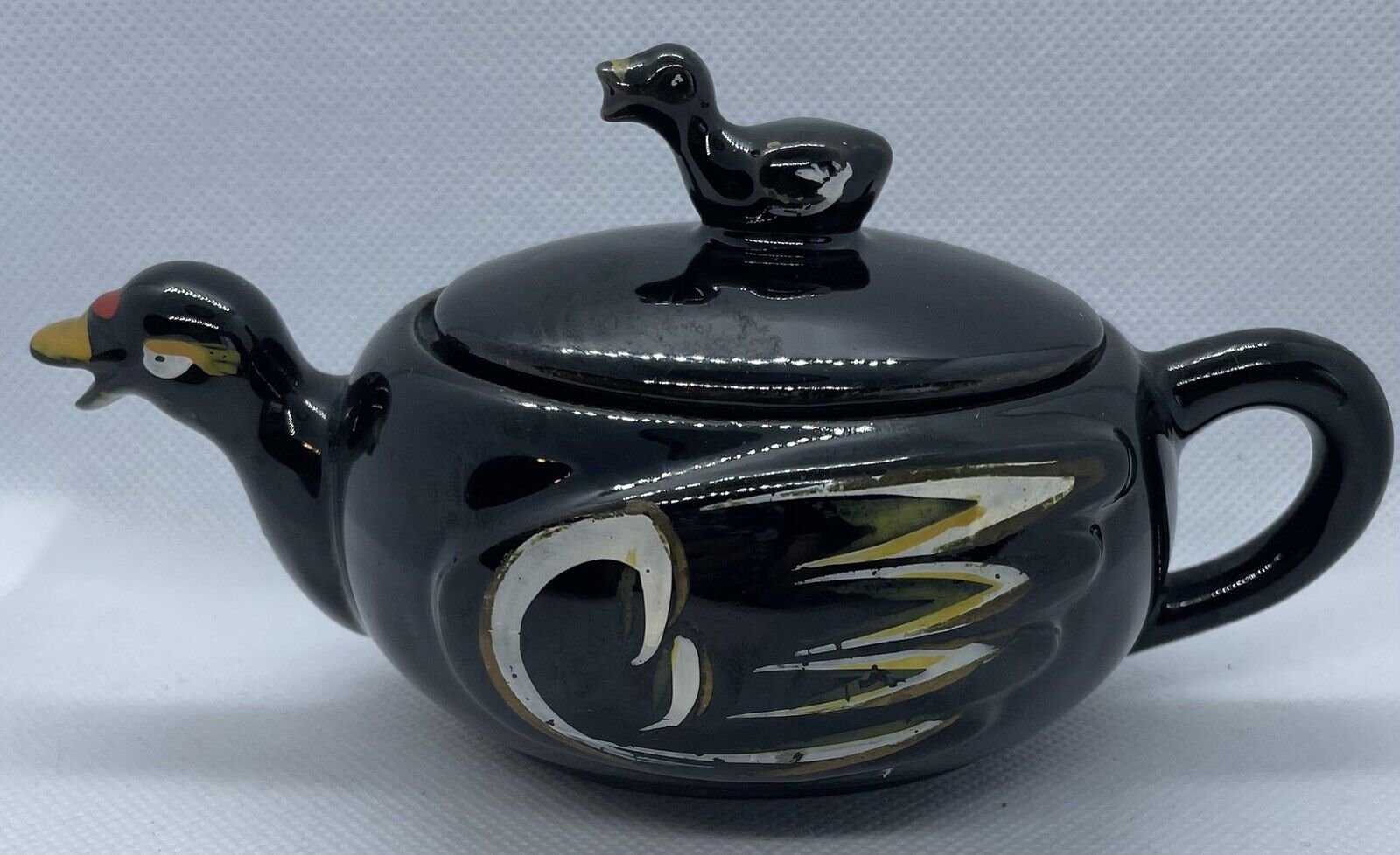Vintage  Redware Clay Duck Shaped  Small Black Teapot 6\