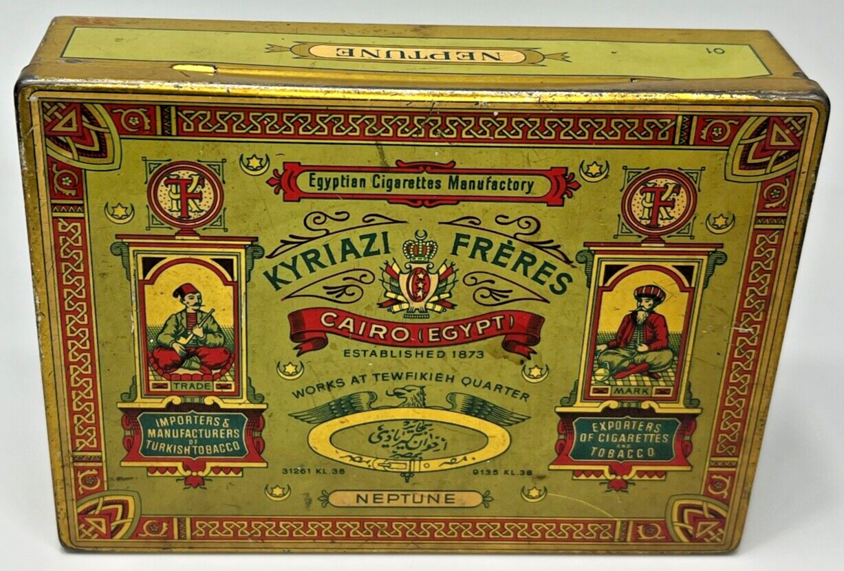 Antique Kyriazi Freres Neptune Egypt Cairo Tobacco Cigaretets Litho Tin Box