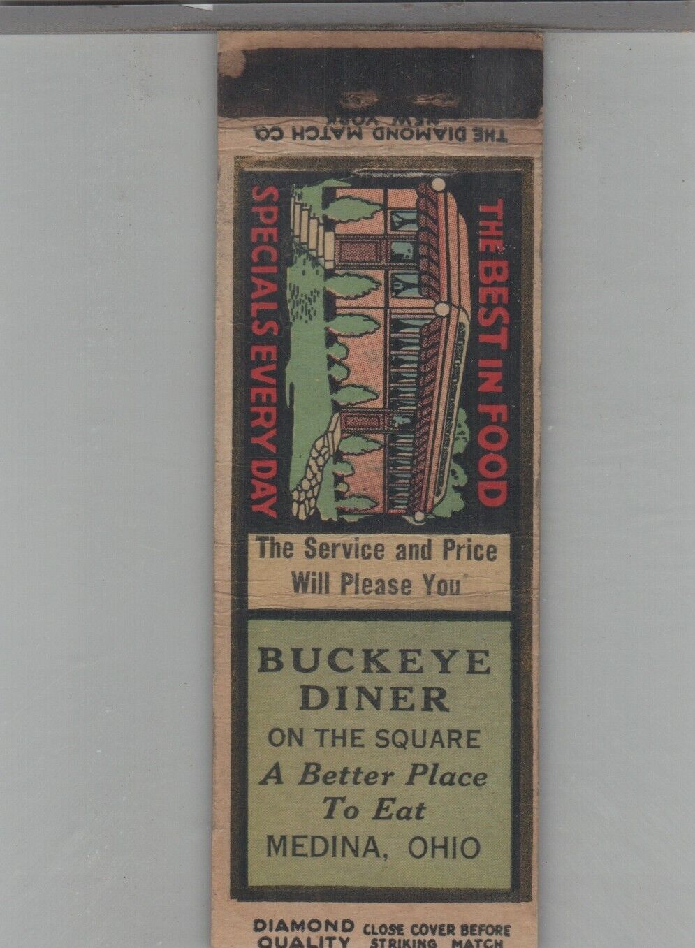 Matchbook Cover 1930s Diamond Quality Buckeye Diner Medina, OH
