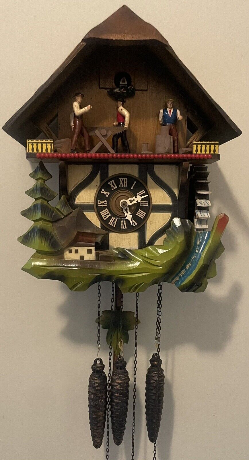 Vintage Black Forest GERMAN Musical Cuckoo Clock Men Chopping Sawing Water Wheel