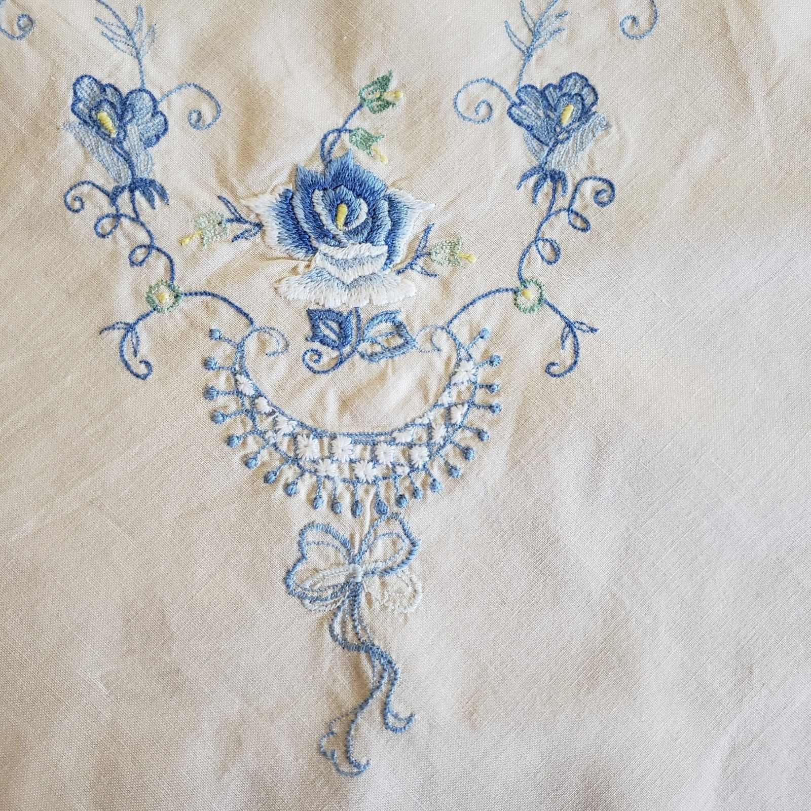 Small Square Cotton Table Cloth Embroidered Blue Roses Floral Scalloped Edge