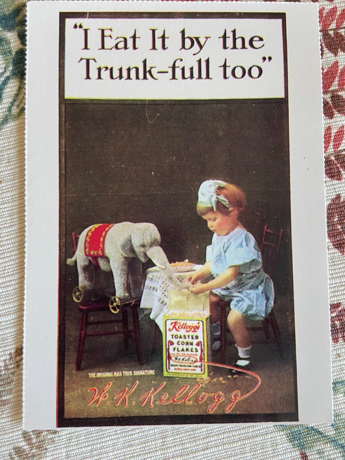 vintage postcard advertising Kelloggs corn flakes elephant pull toy girl