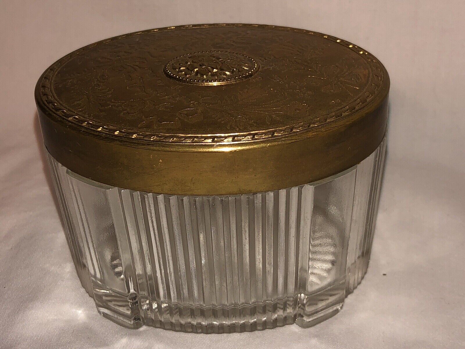Vintage Victorian Glass Vanity Jar with Brass Lid **Small Age Mark On Lid**