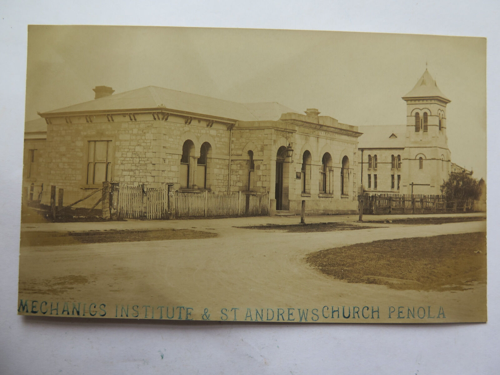 REAL PHOTO POSTCARD PENOLA MECHANICS INST & St ANDREWS CHURCH SOUTH AUST c1905