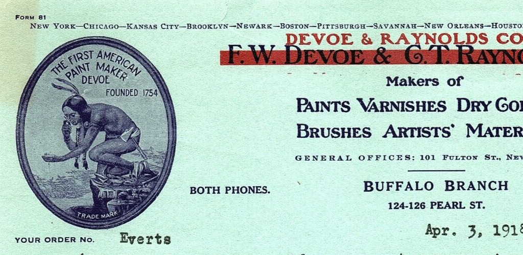 1918 DEVOE & RAYNOLDS CO BUFFALO NY FIRST AMERICAN PAINT BILLHEAD INVOICE Z4093