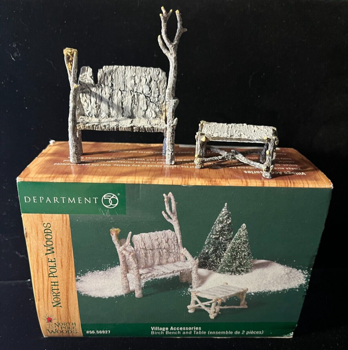 2000 Dept 56 North Pole Woods Village Access. Birch Bench and Table Set 56.56927