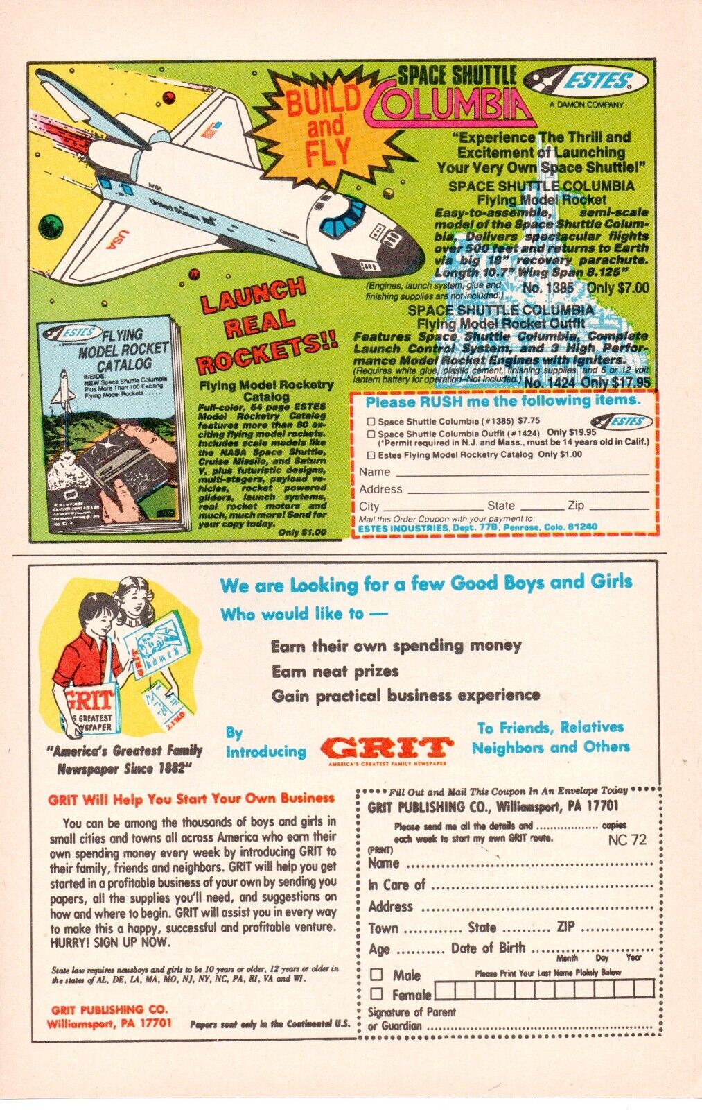 1982 SPACE SHUTTLE COLUMBIA ESTES MODEL ROCKET PRINT AD - DELIVER GRIT NEWSPAPER