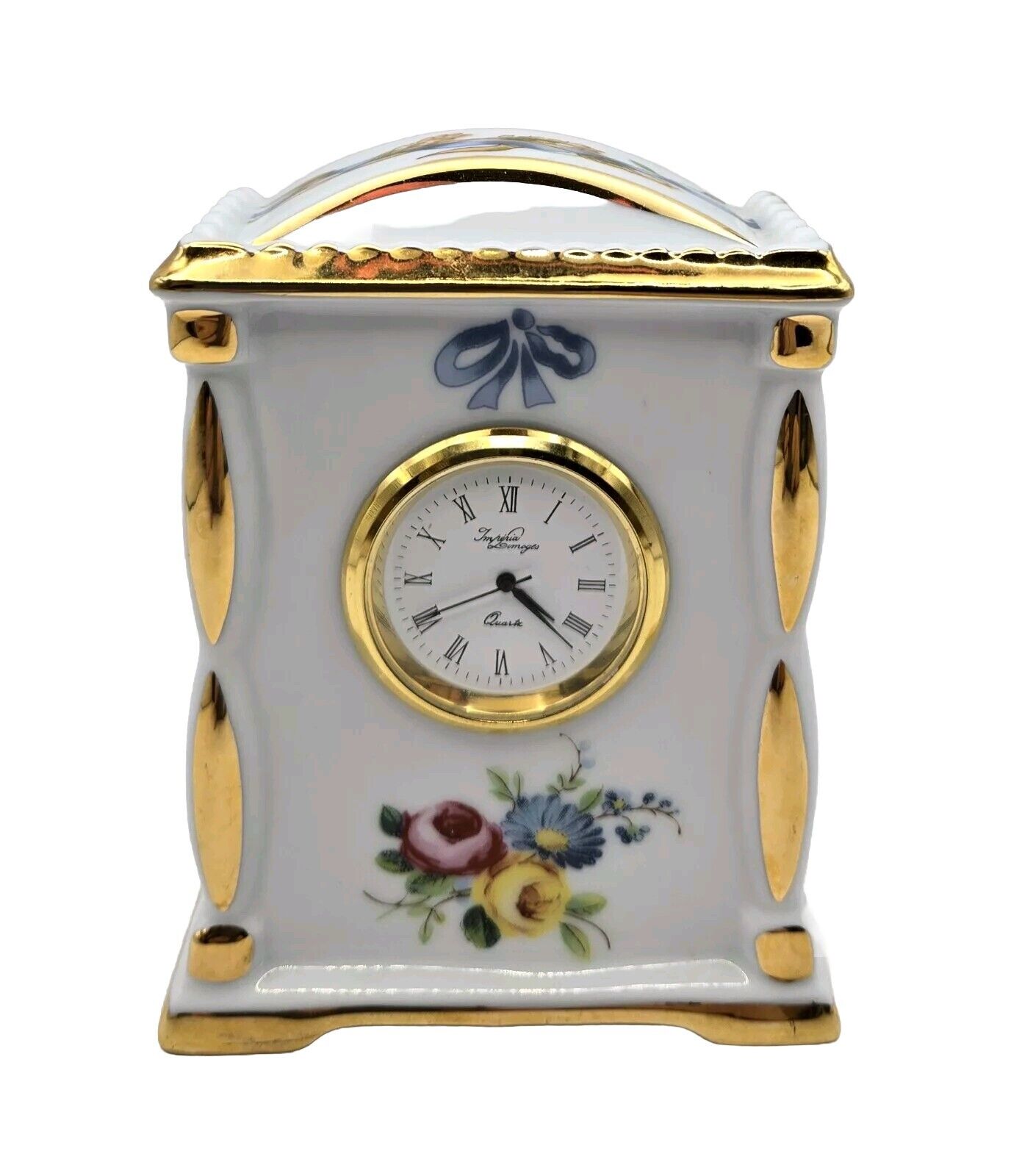 Vintage RARE Imperia Limoges Porcelain Clock 22k Gold Flowers & Bow 4\