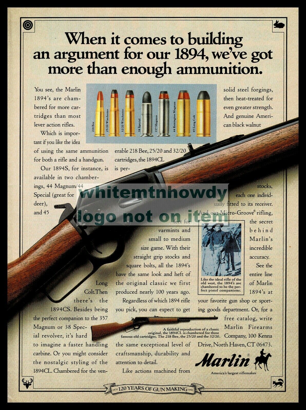 1991 MARLIN Model 1894 (1894S 1894CS) Rifle AD Vintage Gun Advertising
