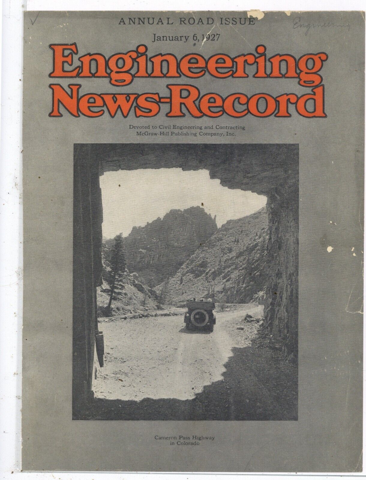 1927 Engineering News Record COVER ONLY: Cameron Pass Highway Pic, Colorado -