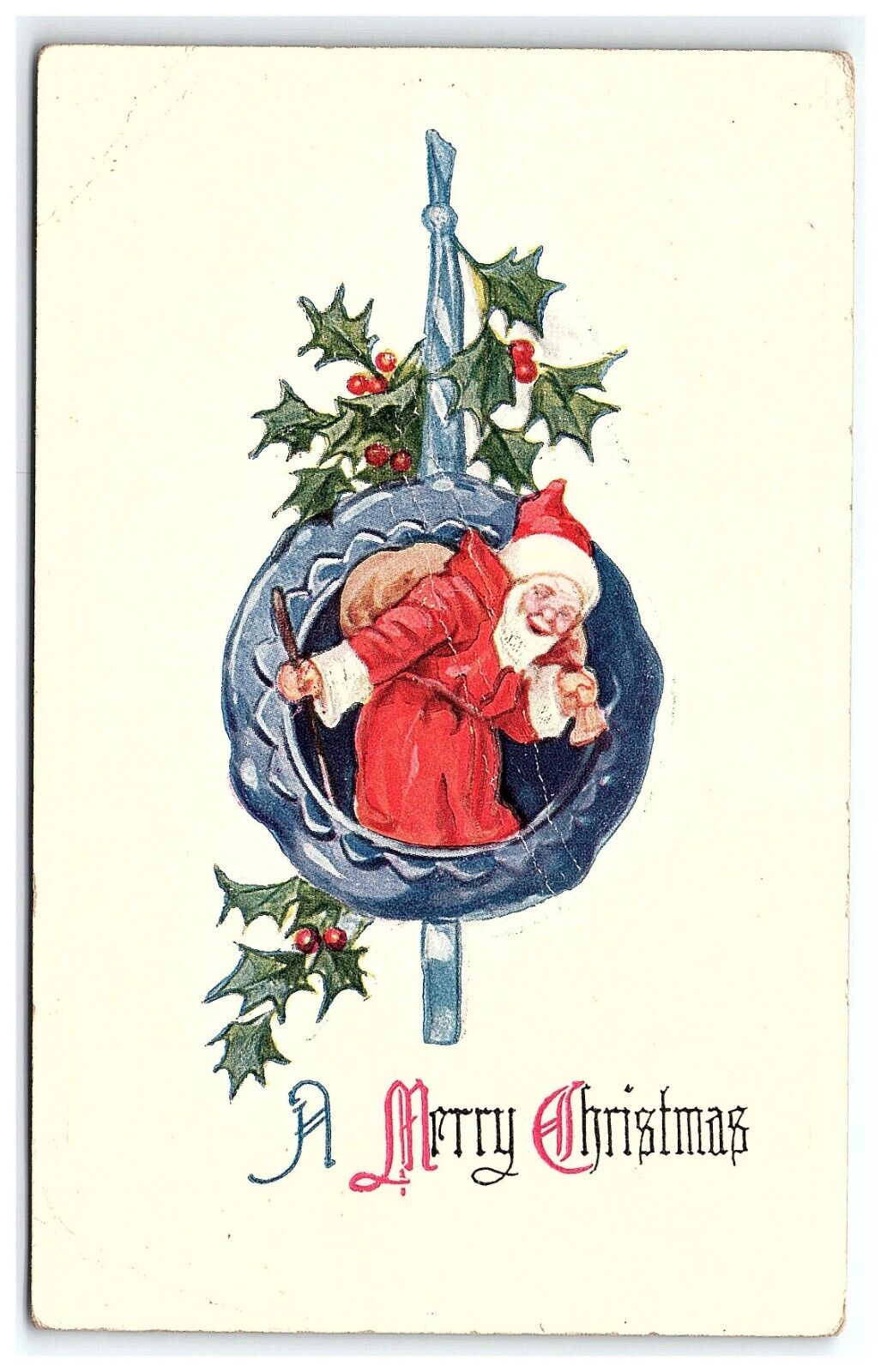 1907-15 Postcard A Merry Christmas Santa Claus Red Coat Holly Berries 