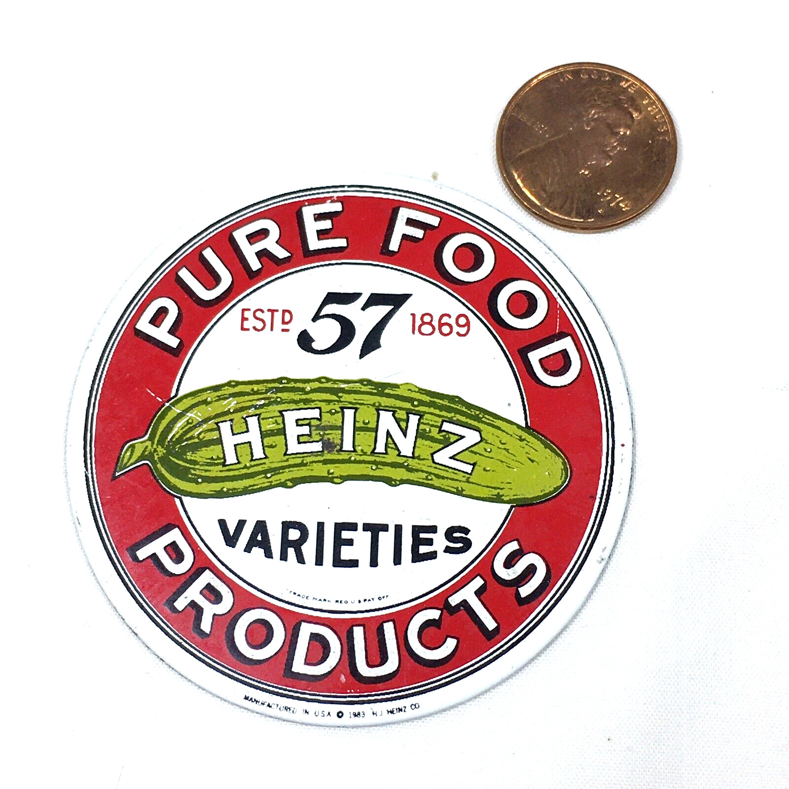 1983 Heinz Pickles Pure Food Products 2.2” Porcelain MINI Metal Replica Sign