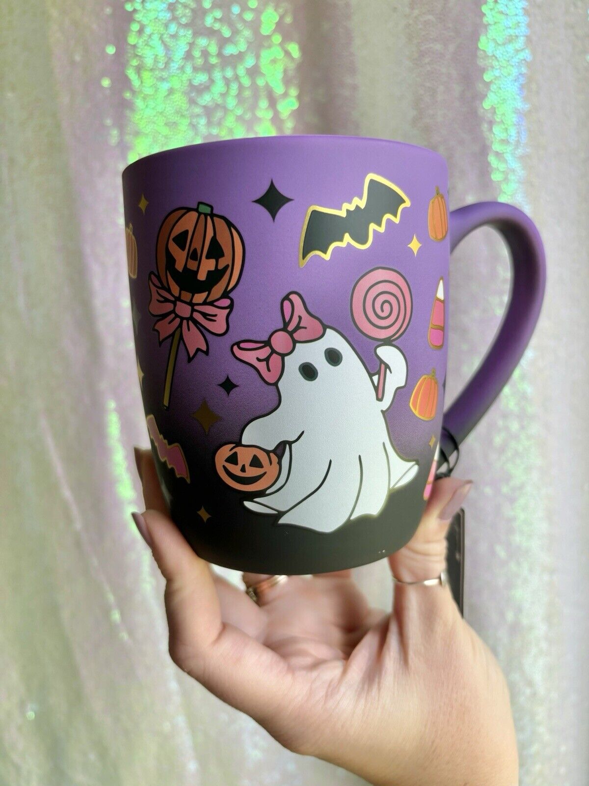 Cobwebs And Cauldrons Mug Purple Bow Candy Corn Ghost Soft Touch Halloween