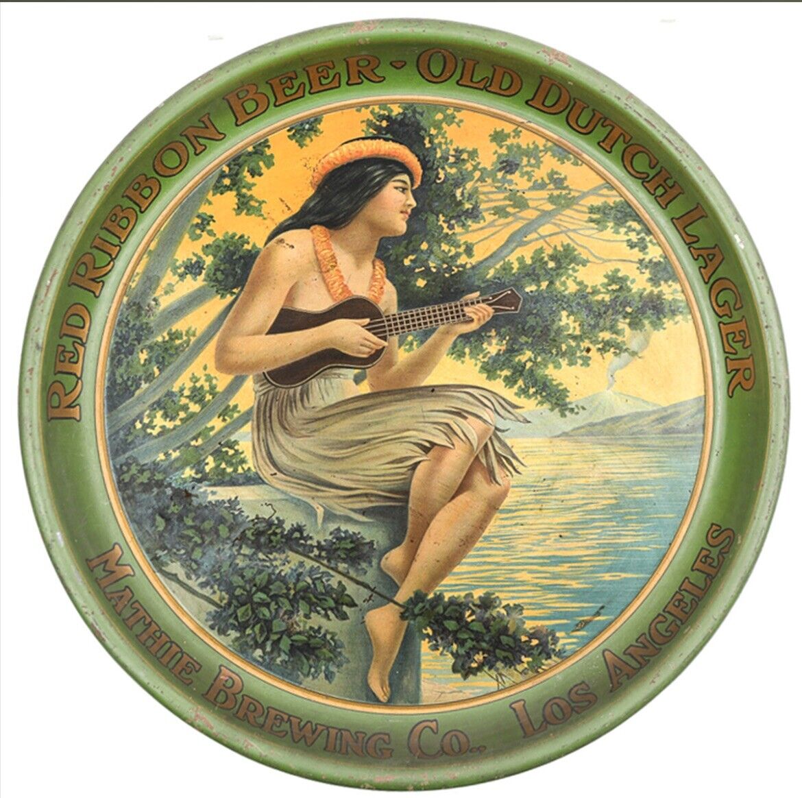 Antique Mathie Brewery Advertising Tray Los Angeles CA Hawaiian Hula Girl Tiki