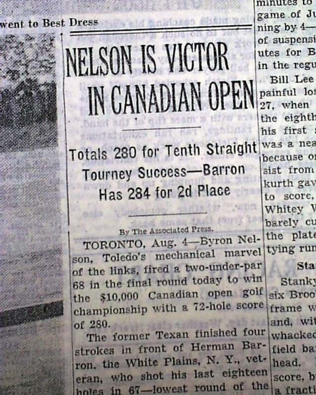 BYRON NELSON 18th Victory PGA Professional Golfer Record WINS 1945 Old Newspaper