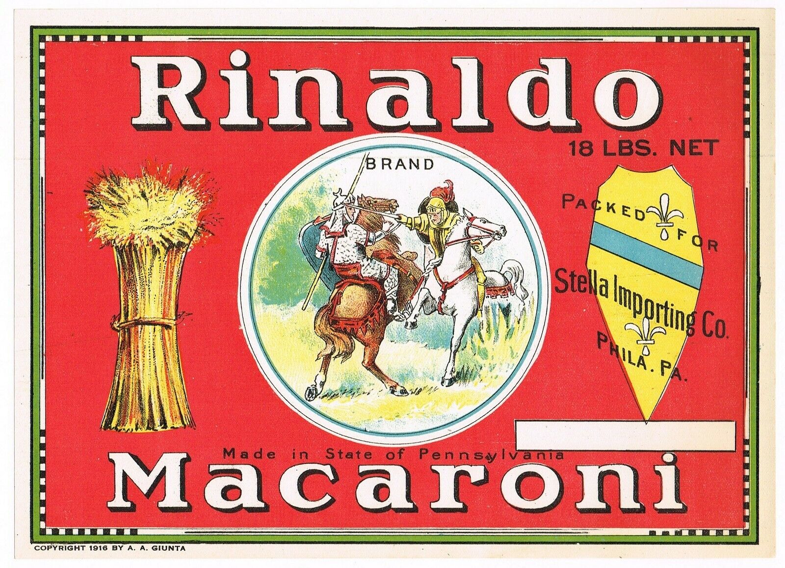 ORIGINAL BOX LABEL VINTAGE MACARONI 1916 ITALIAN AMERICAN COOKING PHILADELPHIA B