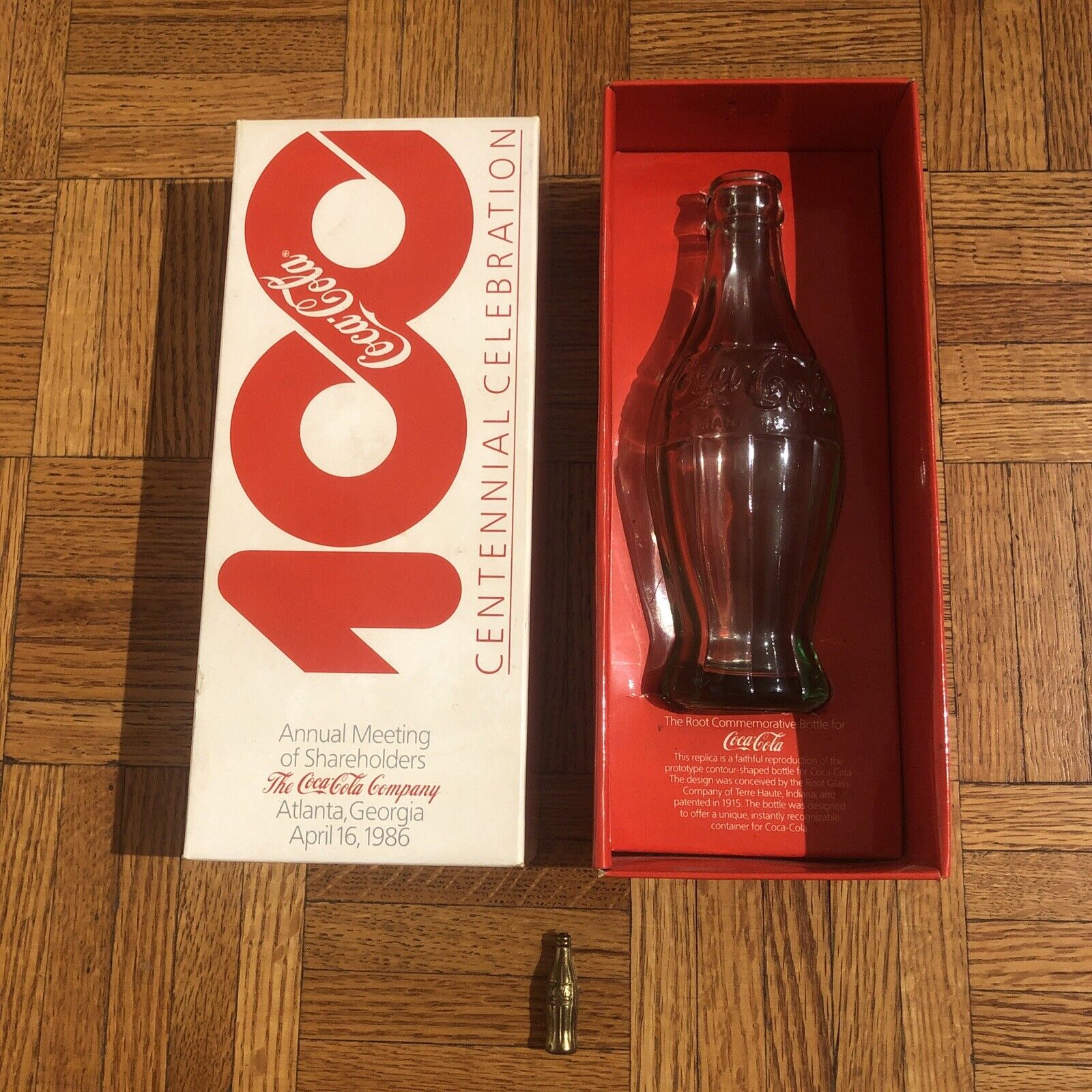 Vintage 1986 Coca Cola 100 Centennial Shareholders Root Glass Bottle + Mini
