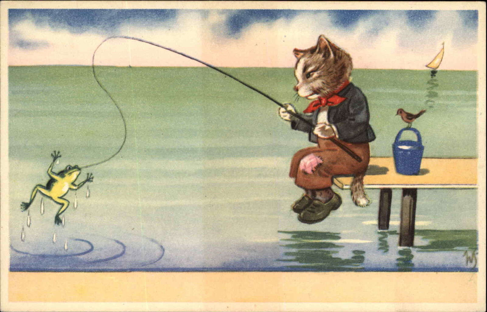 WS Fantasy Dressed Cat Fishing Catches Frog Vintage Postcard