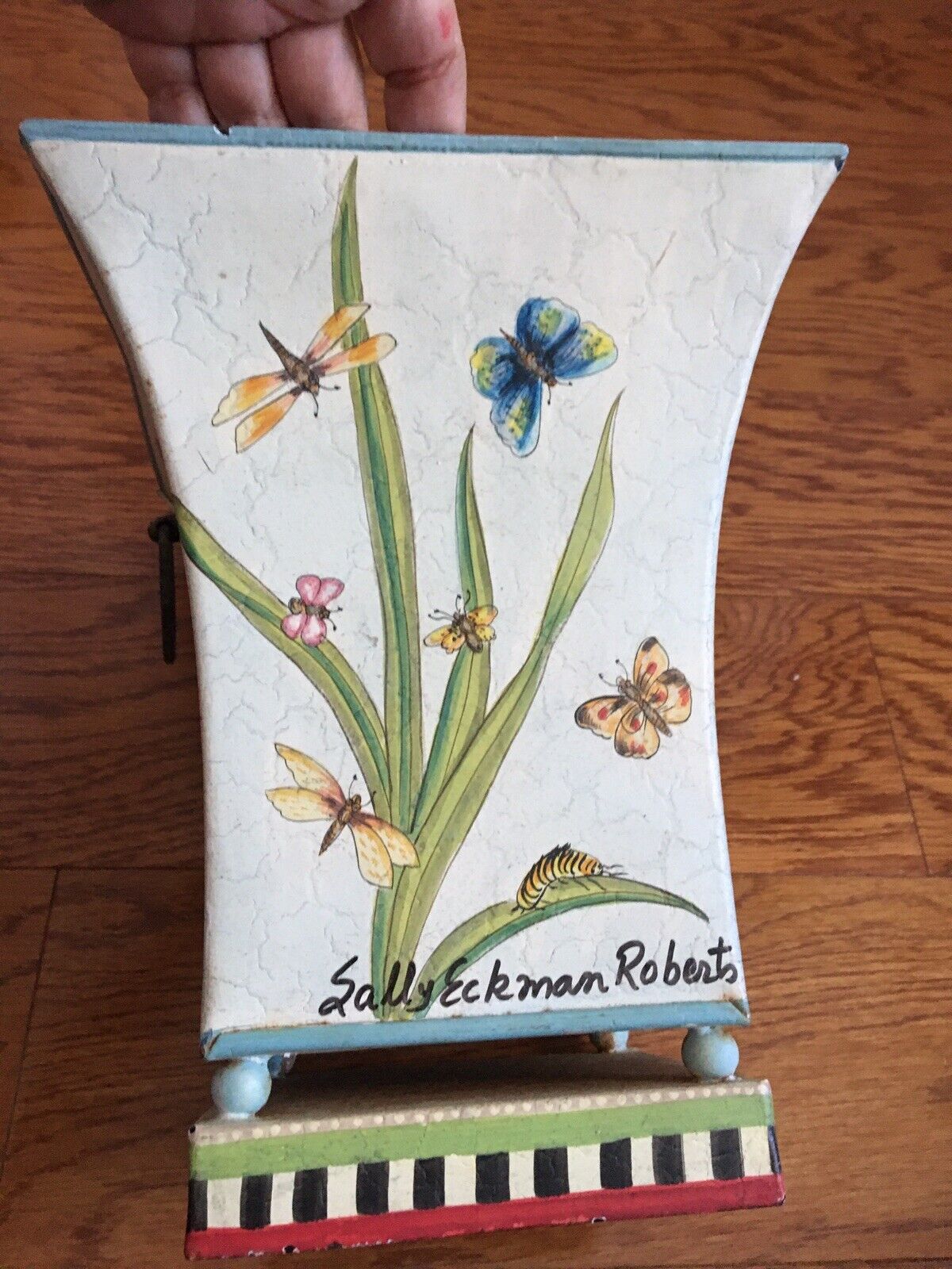 Botanical Hand Painted Sally Eckman Roberts Metal Cache Pot Planter 10x8” Signed