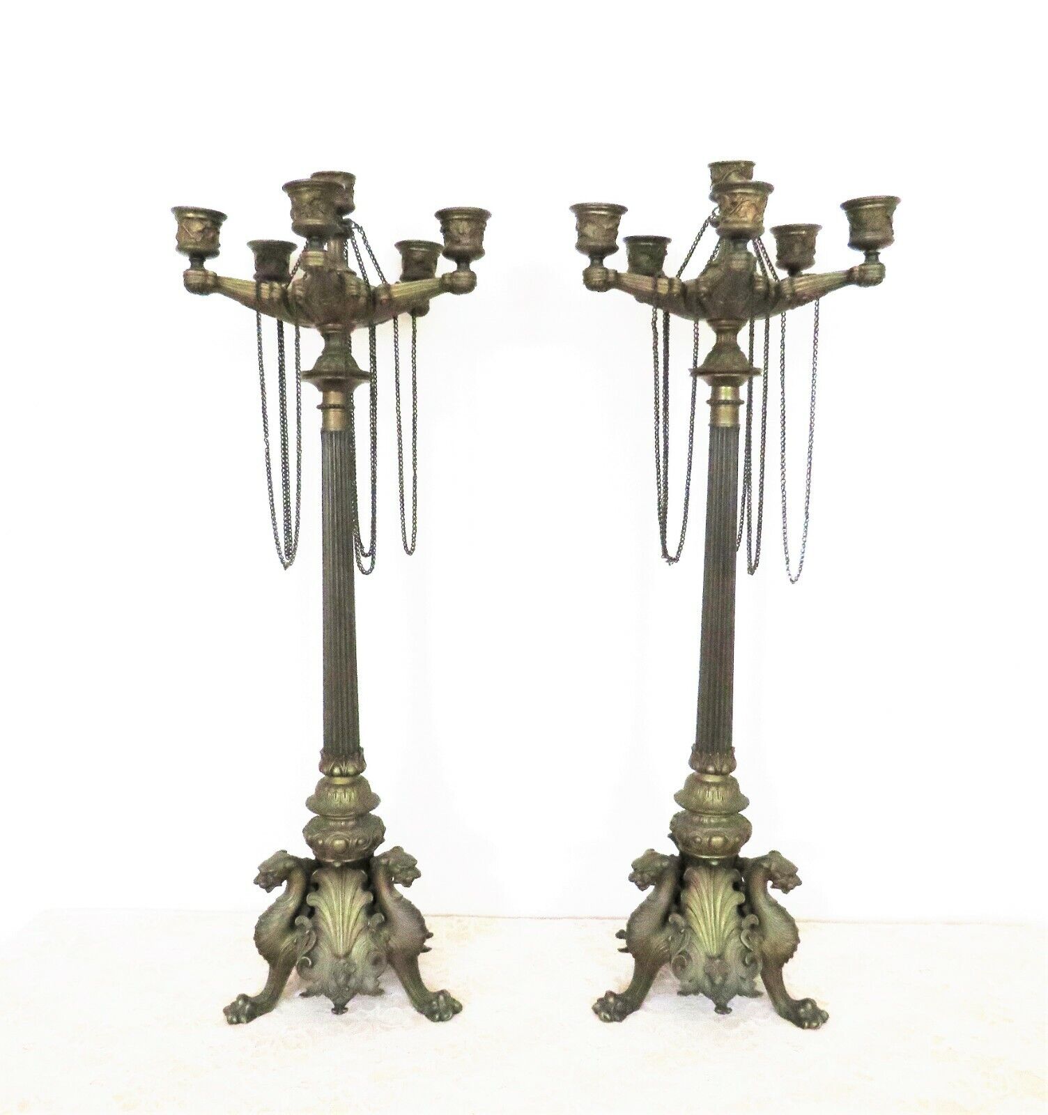 Pair of Tall Bronze Napoleon III Candelabra with Gothic Griffins