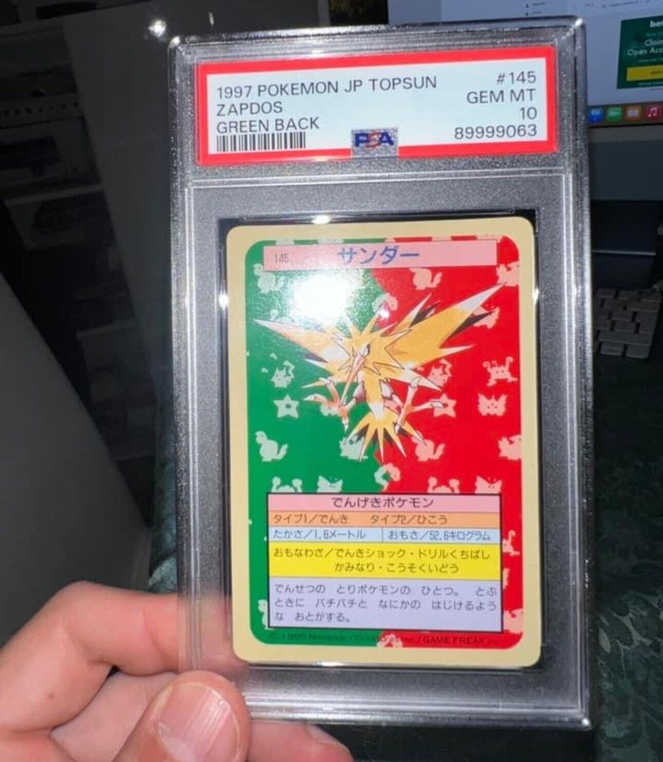 1997 Pokemon Cards Topsun Zapdos Green Back PSA 10 Gem Mint Rare Japanese