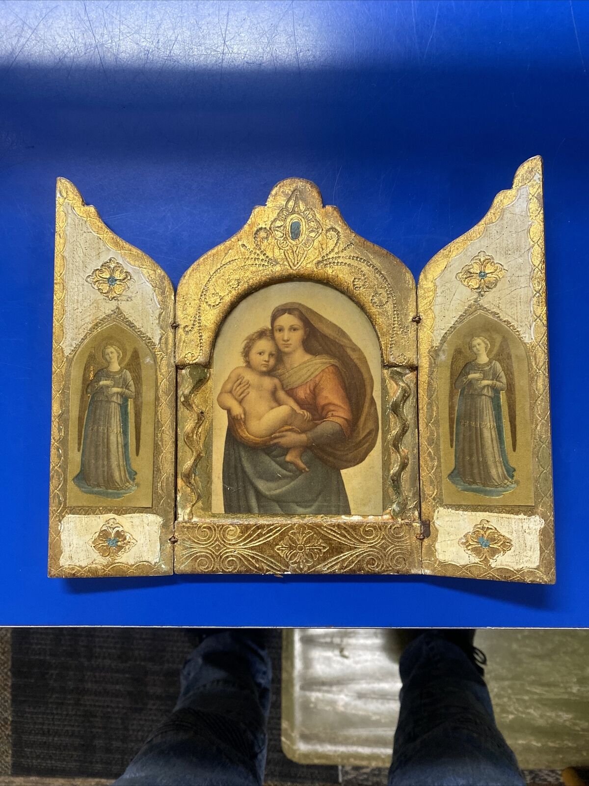 VTG Florentine Italian wood triptych Raphael Madonna and child with archangels.