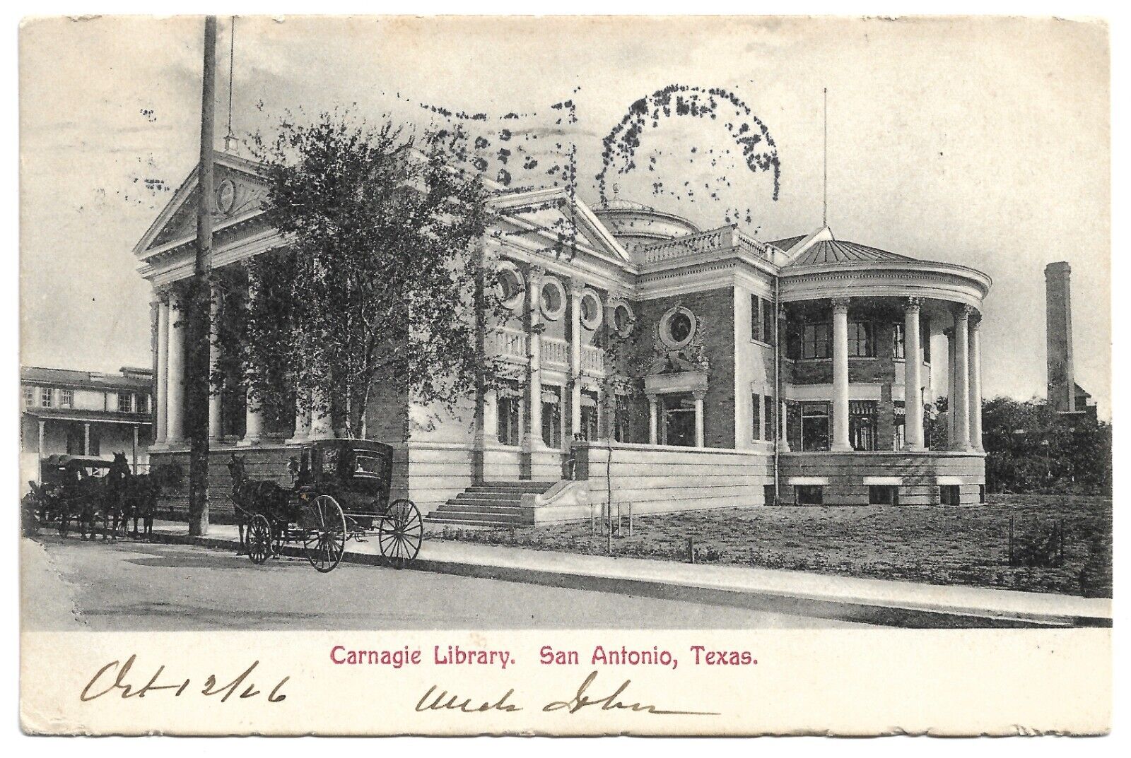 San Antonio Texas TX Carnegie Library Horse & Buggy 1906 Vintage Postcard