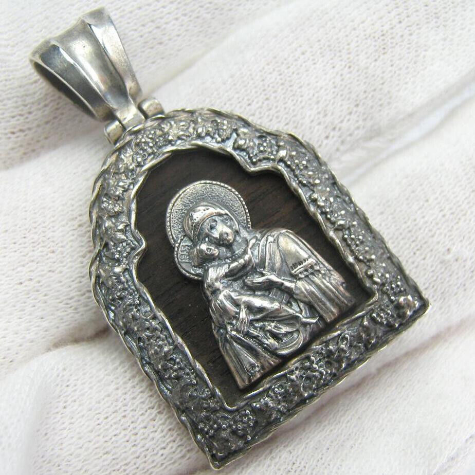 925 Sterling Silver Icon Pendant Mother of God Mary of Vladimir Tenderness Wood