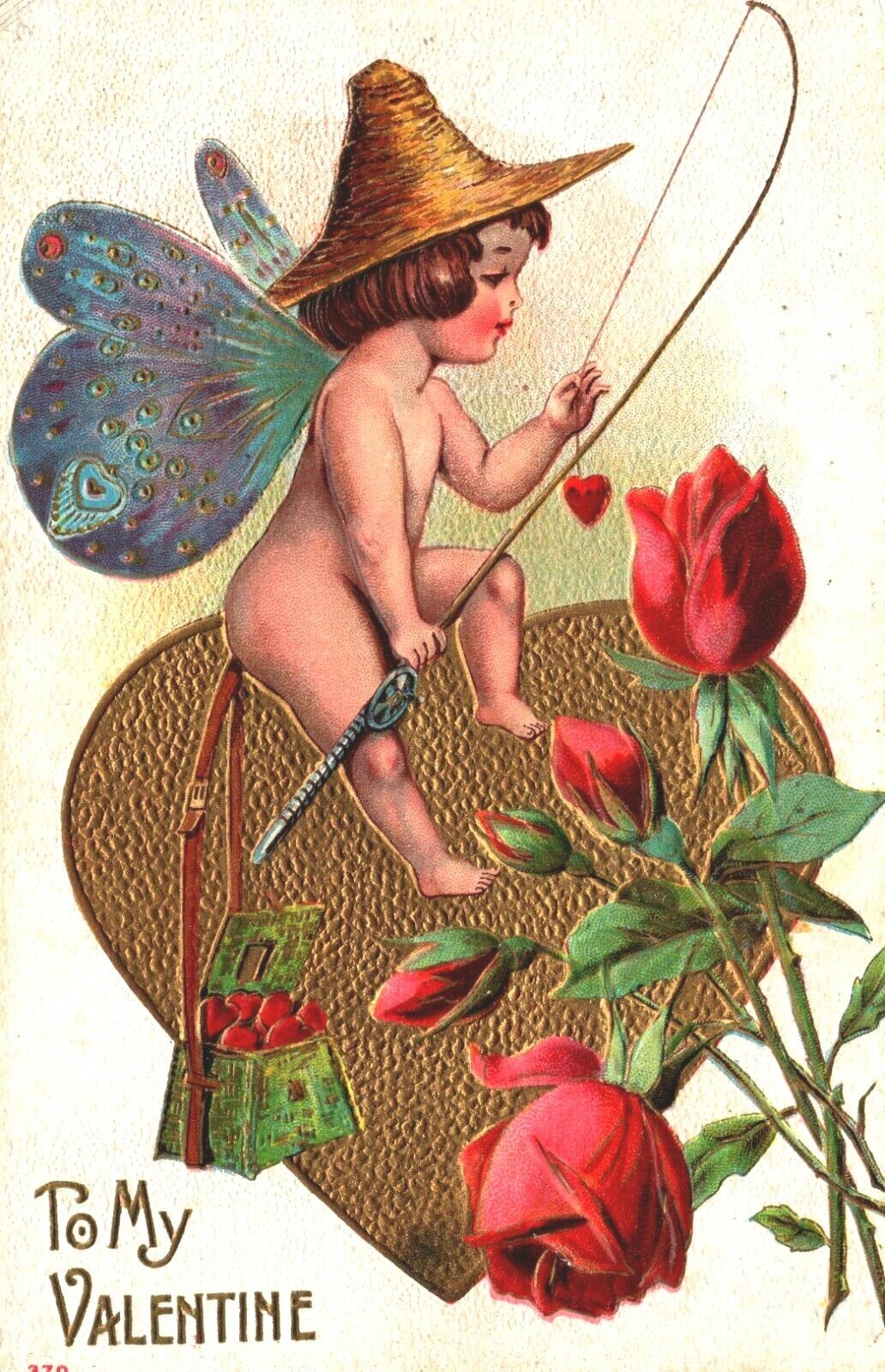 Postcard Valentine Cute Boy Nude Nymph Fishing Rod Catching Roses