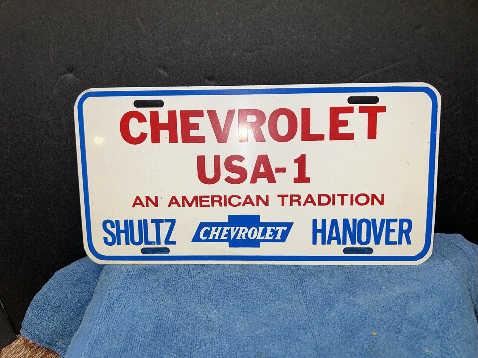 Chevrolet USA-1 Metal License Plate Car Tag Dealer Shultz Hanover, Pa. Nice Used