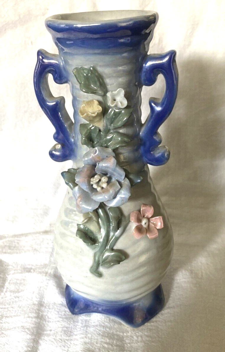 LUSTERWARE Blue Flower Vase With 3D Rose design vintage