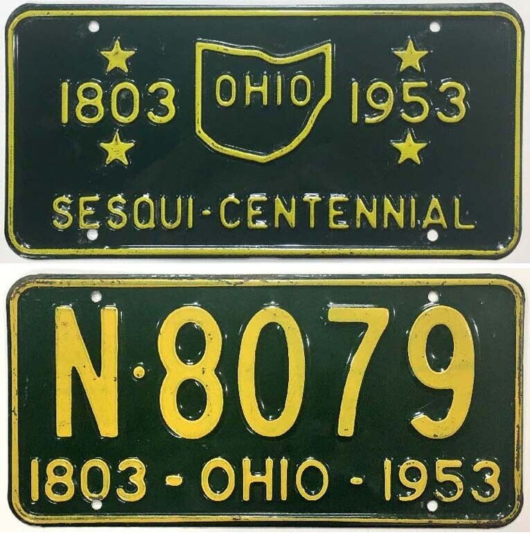 Vintage Ohio 1953 License Plate with Sesqui-Centennial Booster Super Nice Pair
