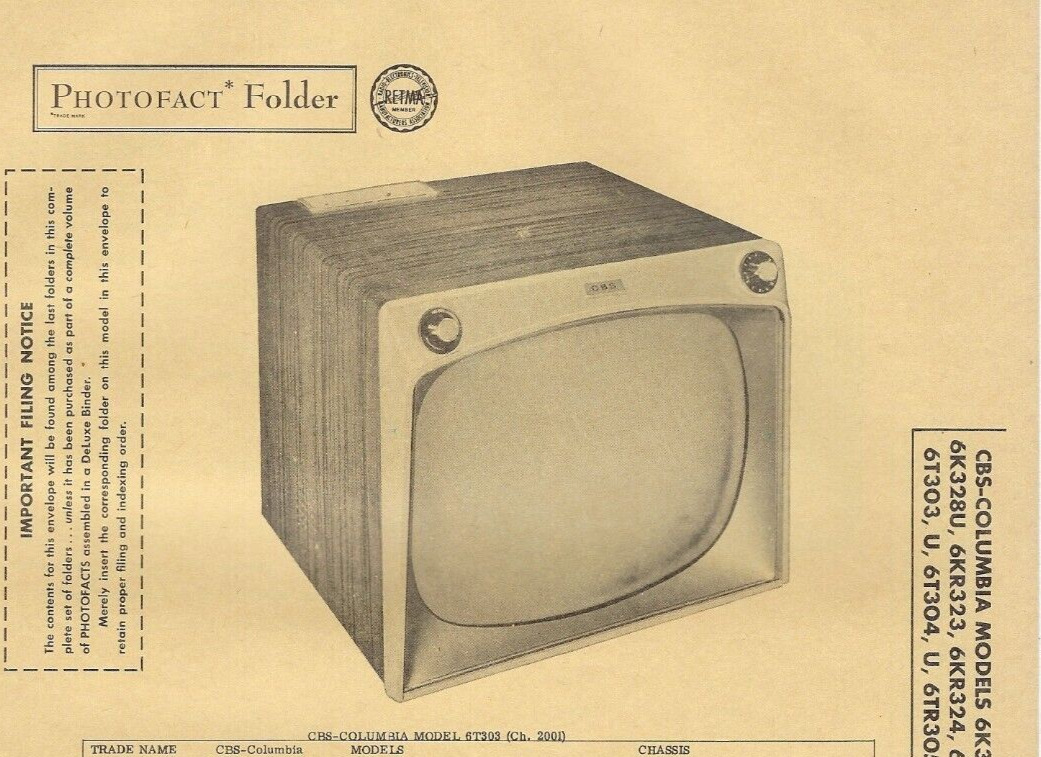 1956 CBS COLUMBIA 6T303 6K321 TELEVISION Tv Photofact MANUAL 6K322 6K327U 6K328U
