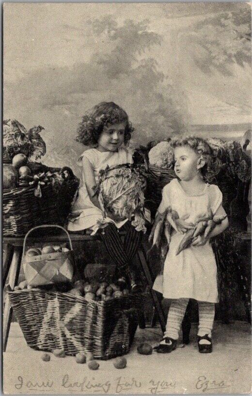Vintage 1910s European Greetings Postcard Two Little Girls / Vegetables Produce
