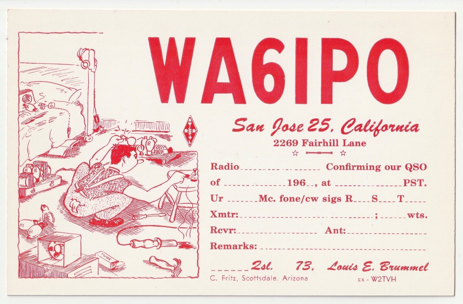 1960s~WA6IPO~2269 Fairhill Lane~San Jose California CA~QSL Ham Radio Postcard