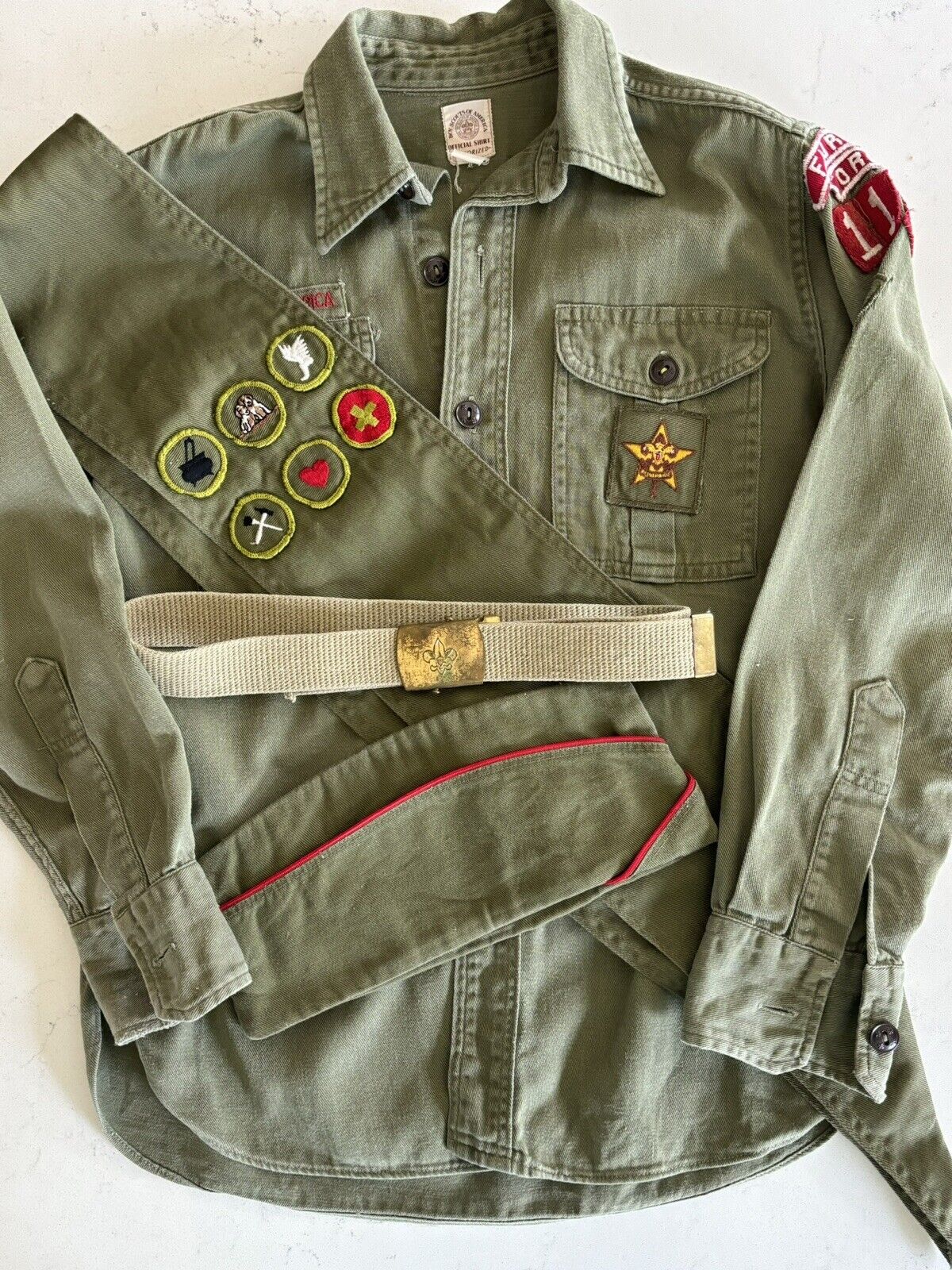 Vintage 1960s Boy  Scout BSA Uniform Shirt Patches, Sash, Hat And Belt-Oregon