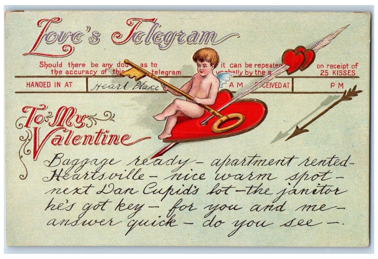 c1910\'s Valentine Love\'s Telegram Cupid Angel Arrow Key Winsch Back Postcard
