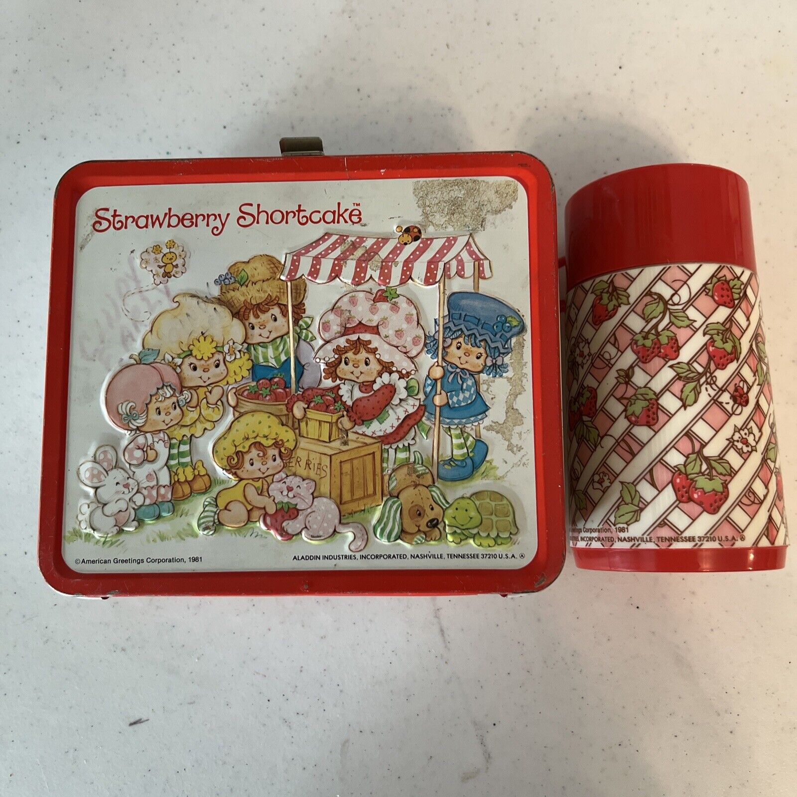 Vintage 1981 Aladdin Strawberry Shortcake Metal Lunchbox With Thermos