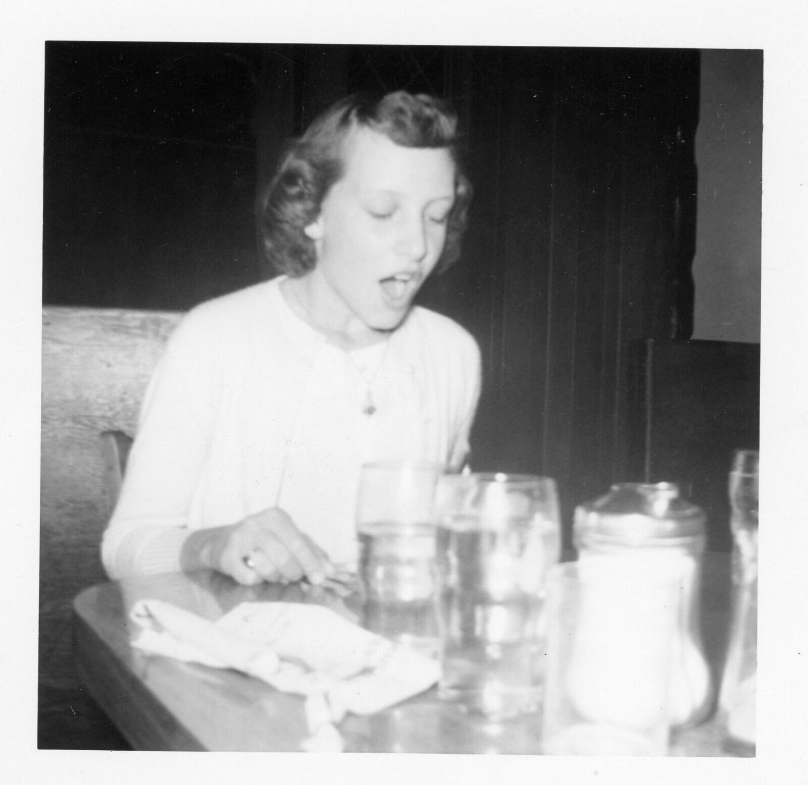 Found Photo Excited Woman in a Diner 1950s Hairstyle Original Vintage