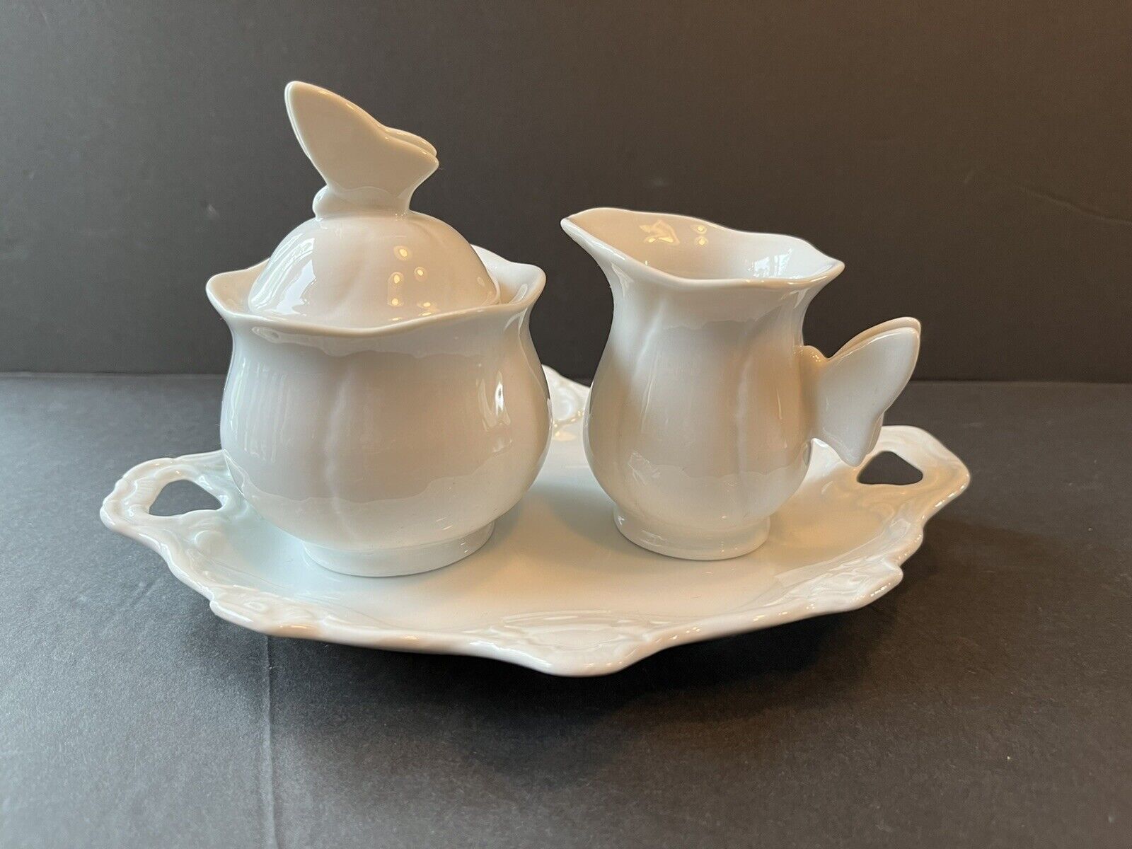 Vintage KALDUN and BOGLE Butterfly Porcelain Creamer, Sugar Bowl, and Plate Set