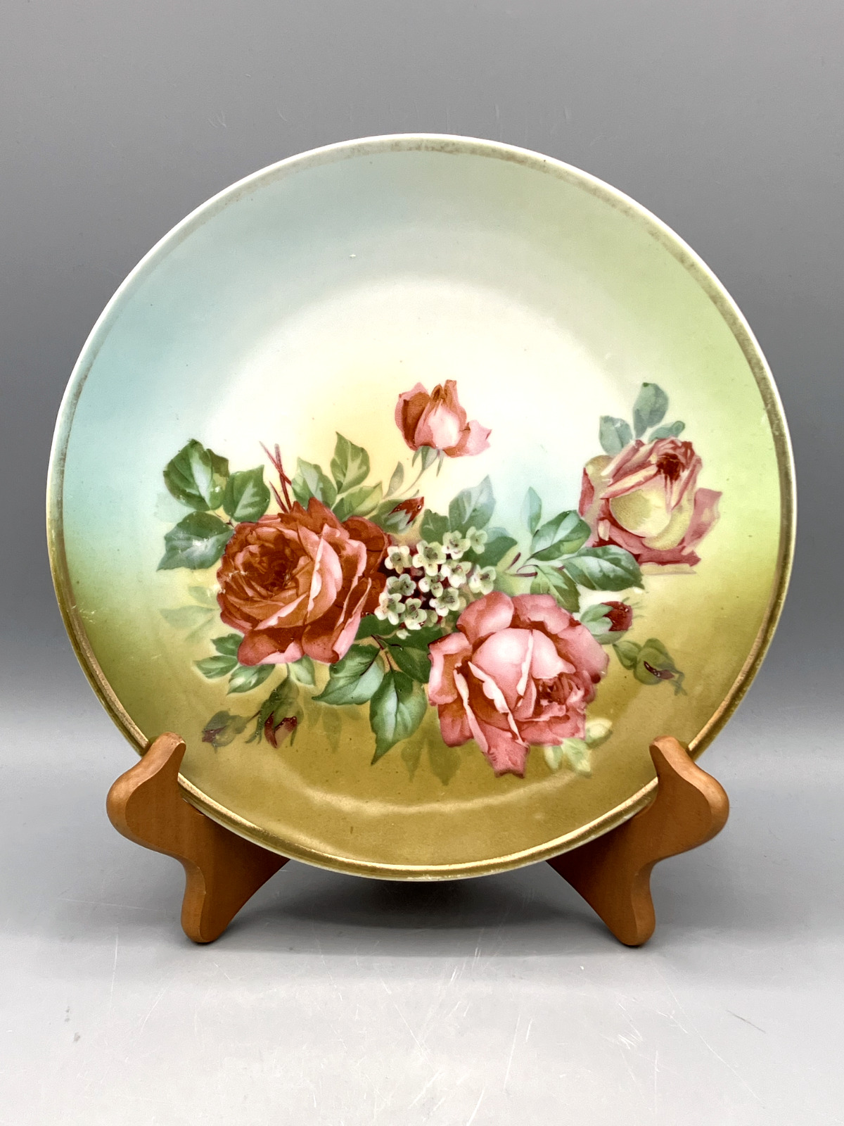 Vintage BTC Germany Porcelain Plate Pink Rose Pattern with Gold Trim