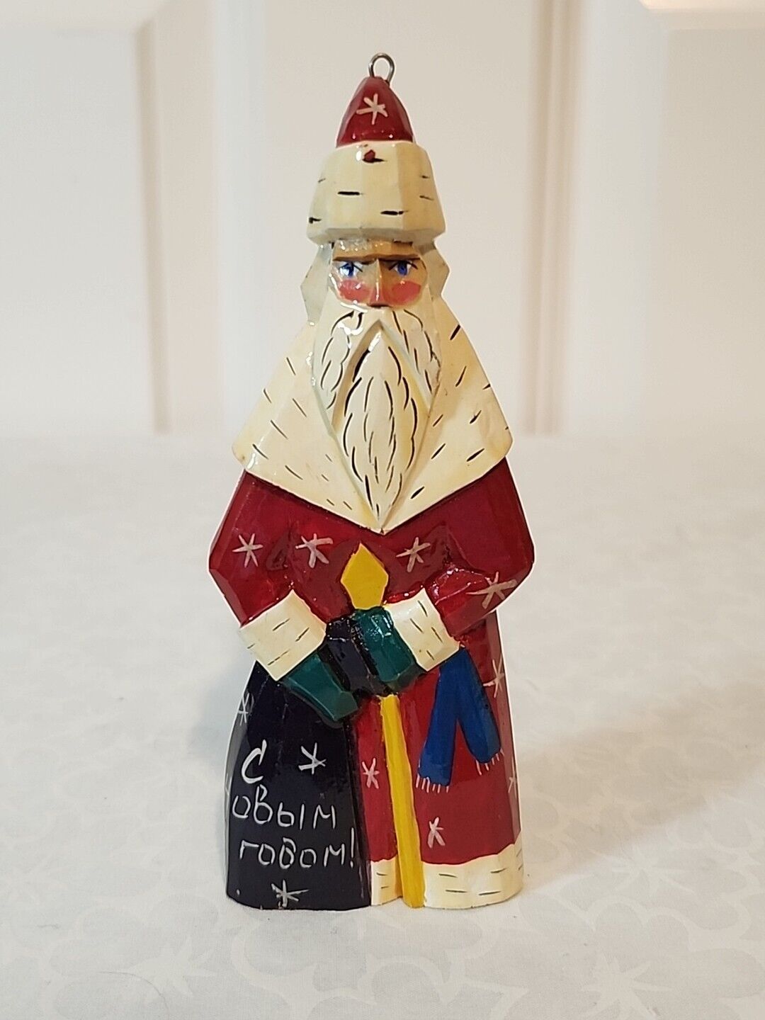 Russian Wood Carved Hand Painted Santa Claus Ded Moroz Ornament Figure - Signed
