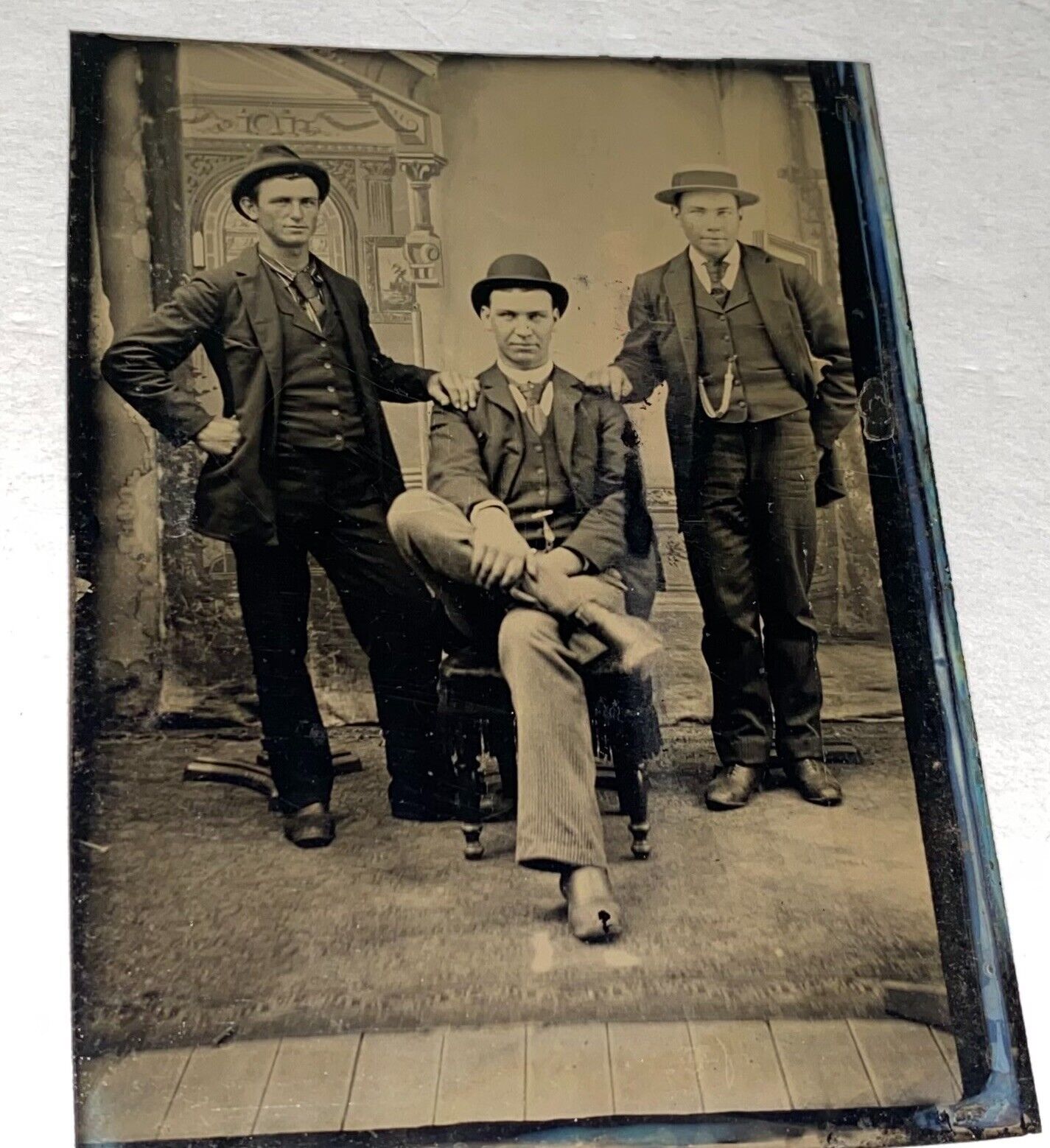 Antique Victorian American Three Dapper Fashion Gentlemen in Hats Tintype Photo
