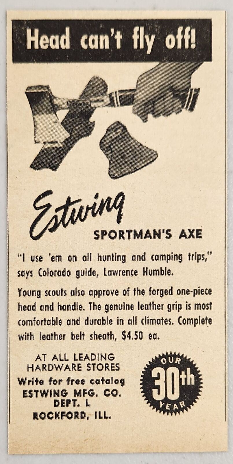 1954 Print Ad Estwing Sportsman\'s Axe for Boy Scouts Rockford,Illinois